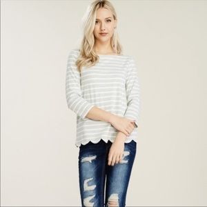 Crescent Scalloped Striped 3/4 Sleeve Top